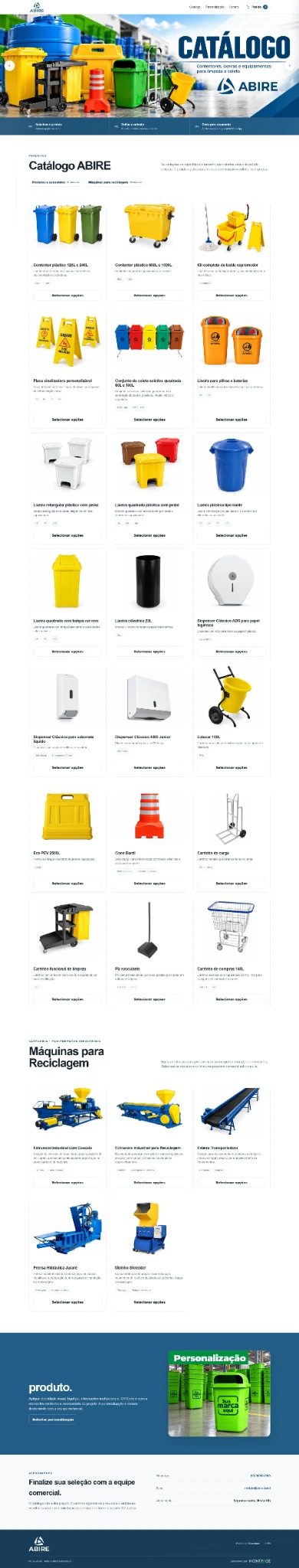 Captura completa do catálogo online ABIRE, com produtos e equipamentos